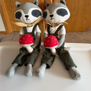 Pair of Gray Raccoon Plush Dolls with Red Mushroom